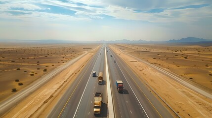 Fototapeta premium Asphalt road full of vehicles in between the desert
