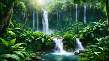 Tranquil Escape: Lush Rainforest Oasis with Cascading Waterfall. generative AI
