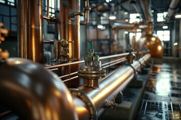 Close-up view of shiny copper pipes and valves in a modern beer brewing factory