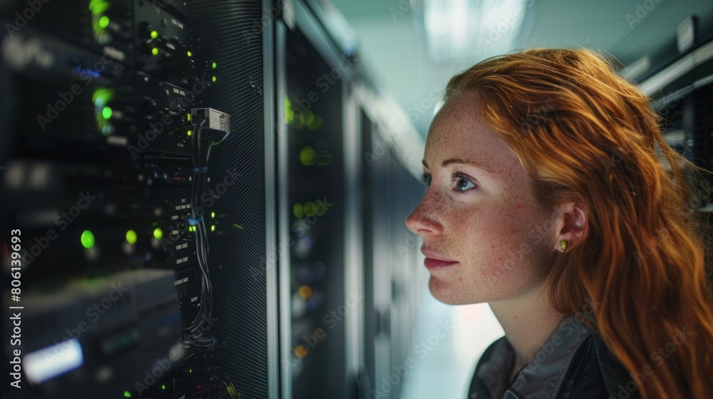 Aufkleber technology with a female it expert leading a discussion about servers and networking. offer expertis