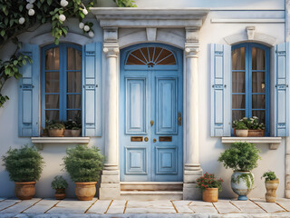 Mediterranean Charm: Antique White Door with Azure Shutters.  Antique White Doorway Framed by Vibrant Blue Shutters. generative AI