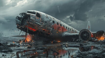 A crashed airplane lies in a field, its fuselage split open and its wings torn off. The wreckage is surrounded by debris and the ground is scorched from the fire. The sky is dark and stormy.