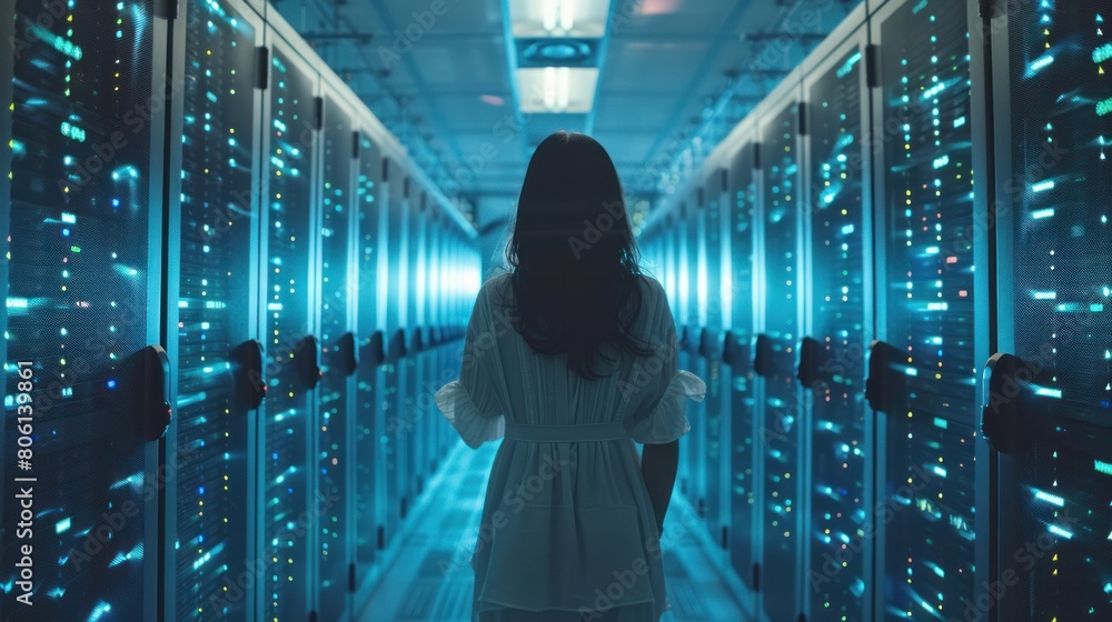 Aufkleber technology with a female it expert leading a discussion about servers and networking. offer expertis