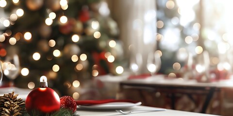 A dining room table, Christmas banner with place for text for restaurant, in the background there is a decorated Christmas tree and Christmas lights.  New Year's Eve