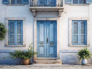 Fototapeta na wymiar Mediterranean Charm: Antique White Door with Azure Shutters. Antique White Doorway Framed by Vibrant Blue Shutters. generative AI