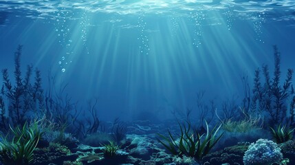 Obraz premium A realistic underwater seascape featuring a vibrant reef and silhouetted seaweed against the ocean bottom