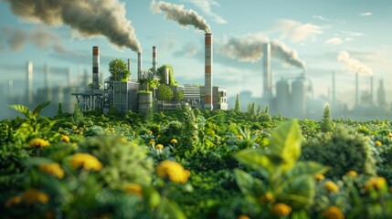 Obraz premium A resilient green plant thrives amid industrial chimney emissions. Reducing carbon through thought-provoking imagery.