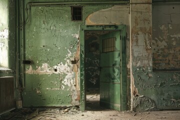 A green door is open in a room with a green wall