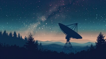 A captivating vector illustration of a radio telescope in a remote mountain setting under a starry night sky, highlighting the exploration of the cosmos.



