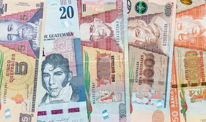 Guatemala money, panorama from Guatemala banknotes, banking and finance concept, Guatemalan...