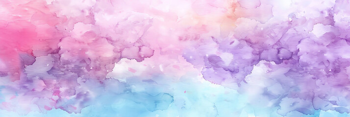 Watercolor background with soft pastel colors, sky blue and purple tones, pink clouds, colorful watercolor, banner,vintage card,