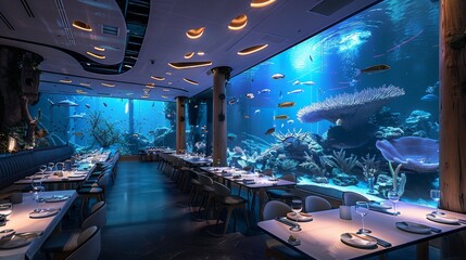 Modern aquarium restaurant, all walls are LED screens depicting an enchanting underwater....