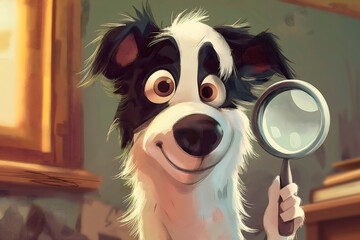An illustration of a smiling Border Collie with a magnifying glass in search of something cute and funny,the concept of educational materials,pet products,veterinary services,