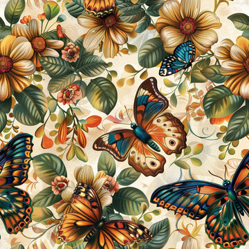 Cottage Core Chic Boho Whimsical Funky Floral Butterflies Hyper Realistic Graphic, Seamless Pattern