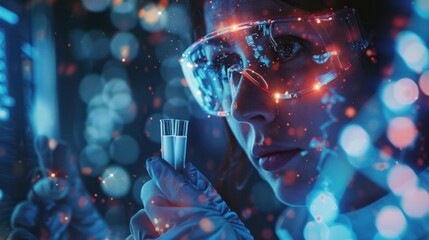 Explore the forefront of medical research with a wide banner hologram depicting a scientist holding medical testing tubes or vials,  - Powered by Adobe