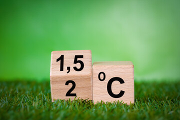 Global warming reduction icon. A rotating wooden cube with the symbol "2 C" turning into "1.5 C" Concept. limiting global warming or vice versa. Grass and blurred greenery background. copy space