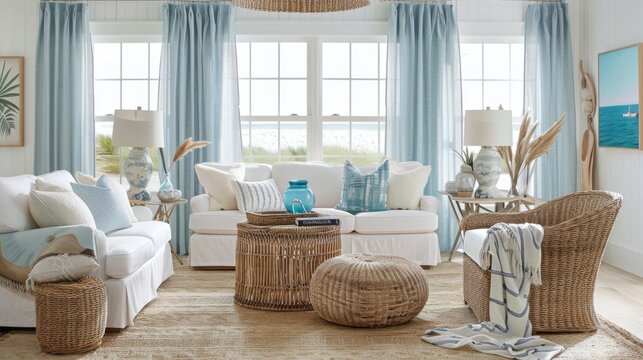 A modern coastal living room with breezy curtains, wicker furniture, and ocean-inspired decor, evoking the relaxed vibe of beachside living.