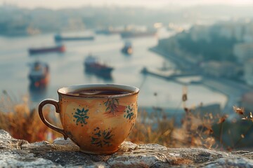 A vintage, hand-painted coffee cup, brimming with aromatic coffee, set against the panoramic view of the sea from a hilltop.