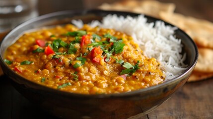 A mouthwatering bowl of creamy lentil dal served with steamed rice and accompanied by crispy papadums, a comforting Indian comfort meal.