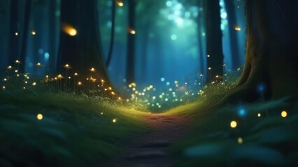 Fantasy forest fairytale with fireflies. Fairy tale woods with motion fog and flying glow fireflies. The path leading through fairytale forest