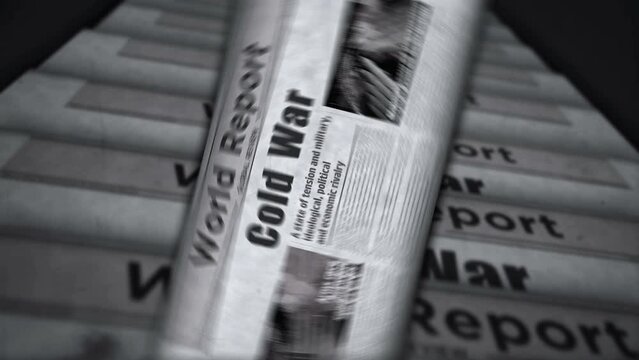 Cold war and arms race political conflict vintage news and newspaper printing. Abstract concept retro headlines 3d black and white.
