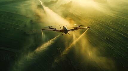 Naklejka premium Agricultural innovation with high-tech agricultural drones soaring over vast rice fields. Showcasing advanced spraying capabilities for effective weed and pest control.