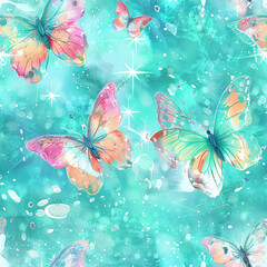 Fantasy Butterfly Mist in Colorful Aqua Cartoon, Seamless Pattern