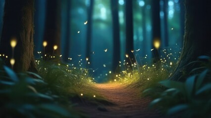 Fantasy forest fairytale with fireflies. Fairy tale woods with motion fog and flying glow fireflies. The path leading through fairytale forest