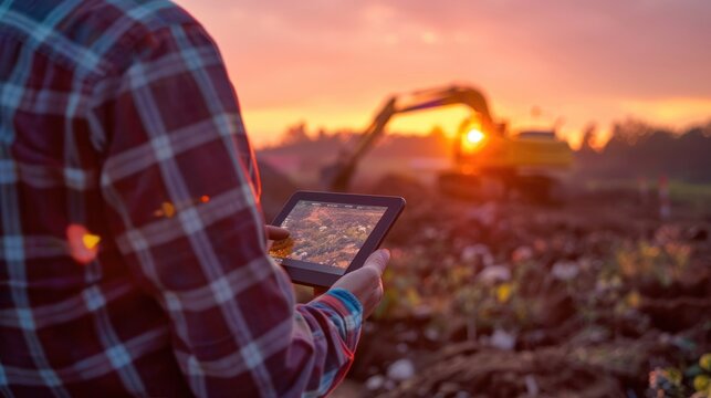 Civil engineer using tablet to control construction site during sunset Ensures the operation of machinery in large buildings. Including the excavator efficiently