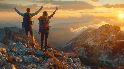 Couple of hikers standing triumphantly on a mountain summit, arms raised in celebration of achievement.