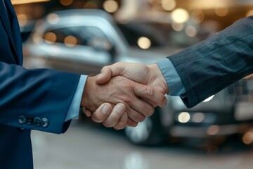 Man buying car and shaking hands with salesman against blurred auto