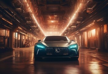 Luxurious futuristic sports car showcased in an industrial underground parking facility.