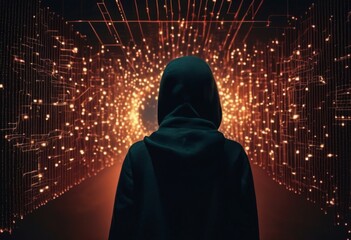 Mysterious figure in a hood facing a vast digital network of glowing data connections.