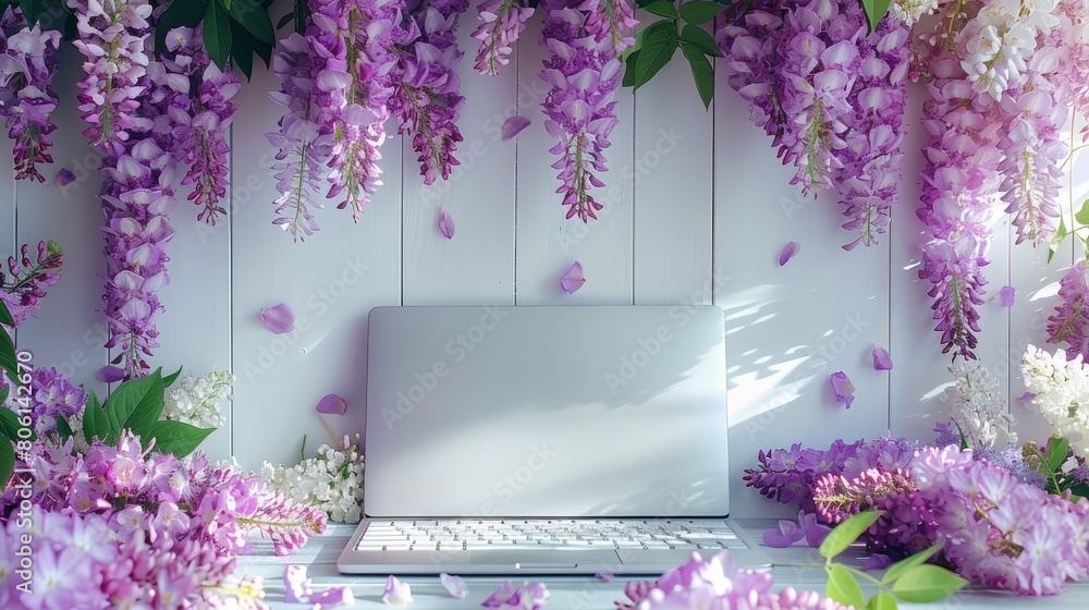 Poster An wisteria flowers overlapping the frame of a laptop, taken from above with the flowers draping over the edges of the screen, positioned centrally. Generative AI.
