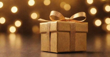 Golden gift box with elegant bow on a sparkling bokeh background, perfect for special occasions.