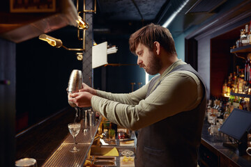 Barman mixing cocktail in shaker working in nightclub bar