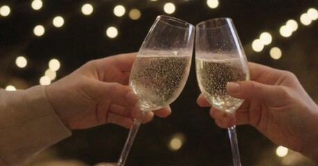 Celebratory Toast with Champagne Glasses Against a Bokeh Background with Sparkler, Symbolizing Festivity and Joy.