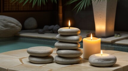 Stacked rocks and scented candles in the spa