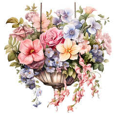 A classic clip art of a beautiful flower Hanging basket, pastel colour, overflowing with assorted blooms and greenery, beautiful wedding style, single objects, isolated on white background.