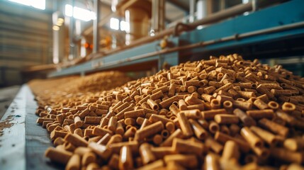 Industrial belt conveyor moving wood pellets