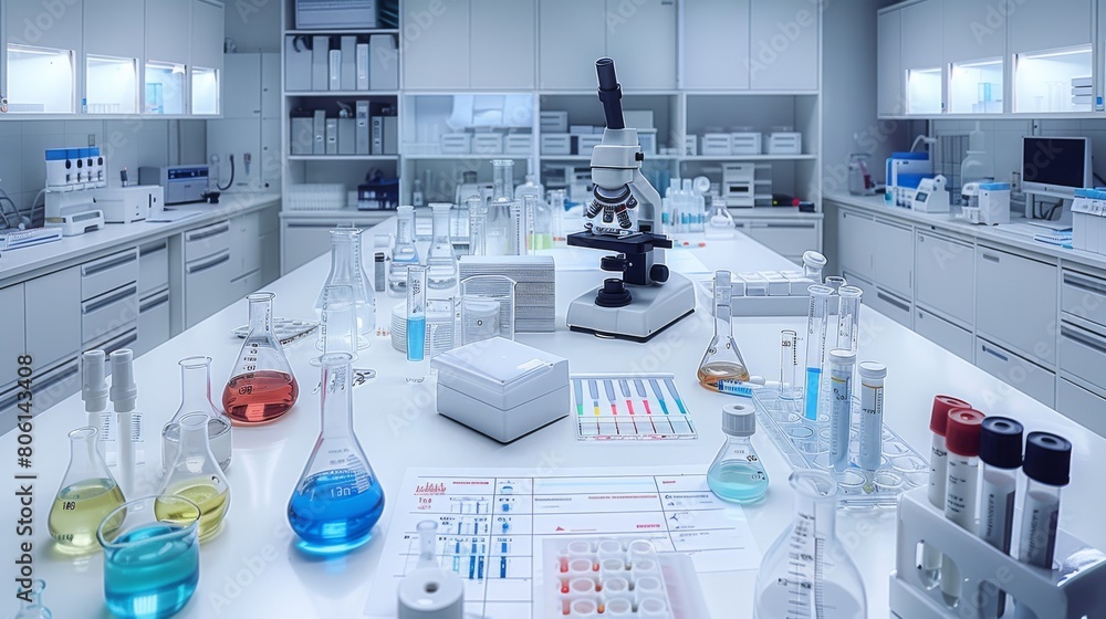 Poster a sterile laboratory environment featuring various scientific equipment such as test tube, microscop