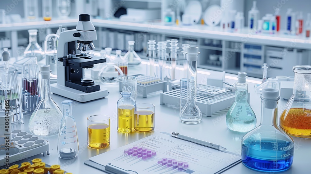 Poster a sterile laboratory environment featuring various scientific equipment such as test tube, microscop