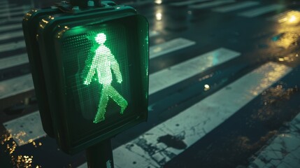 A pedestrian crossing signal displaying a green walking figure, allowing pedestrians to safely cross the street.