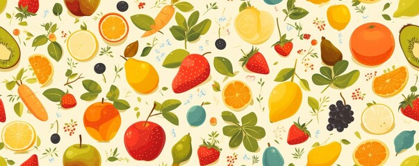Fruit pattern, vector illustration with white background, simple lines and shapes, colorful, minimalist style, fruit elements. 