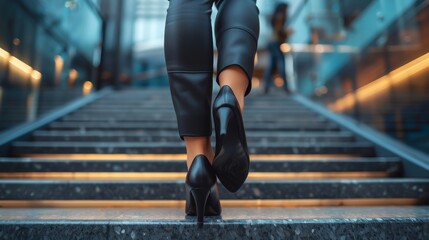 success concept with businesswoman climbing the stairs.woman walking up the stairs with sun sport background.