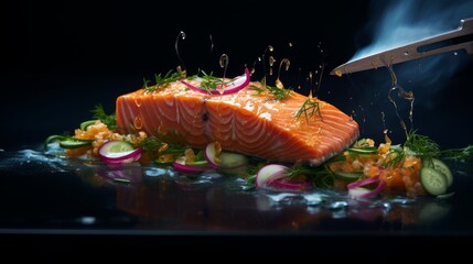 A person skillfully cuts up a piece of salmon with a sharp knife on a wooden cutting board