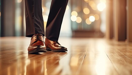 Classic Elegance: Man Exhibits Graceful Movement in Brown Shoes and Pants Across the Room