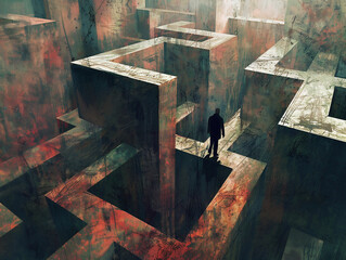 person trapped, labyrinthine maze, twisting corridors towering walls , fear and uncertainty 