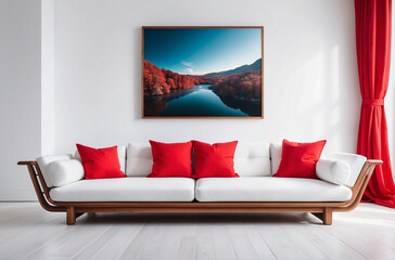 Contemporary Contrast, Wooden Frame Sofa with Red Accents in White Room