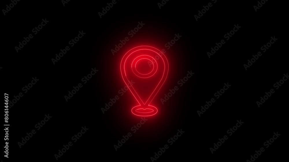 Poster neon location icon and located map pin marker animation on black background.